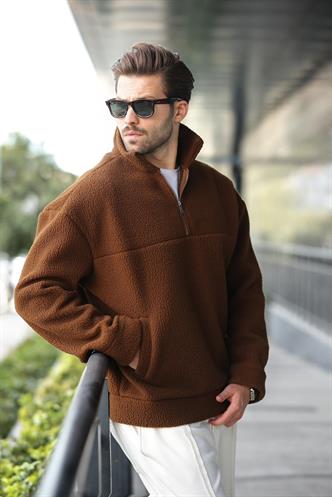 Kahverengi Yarım Fermuarlı Dik Yaka Polar Sweatshirt E7165
