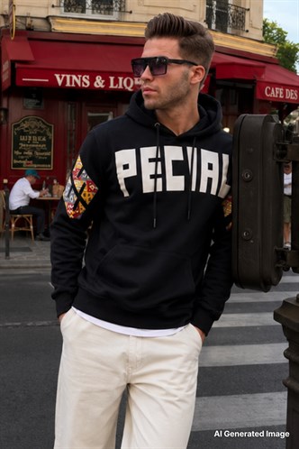 Siyah Baskılı Kapüşonlu Erkek Sweatshirt 6039