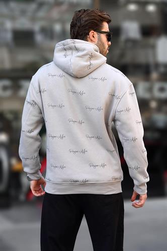 Boyalı Gri Baskılı Kapşonlu Cep Detaylı Erkek Sweatshirt 7075