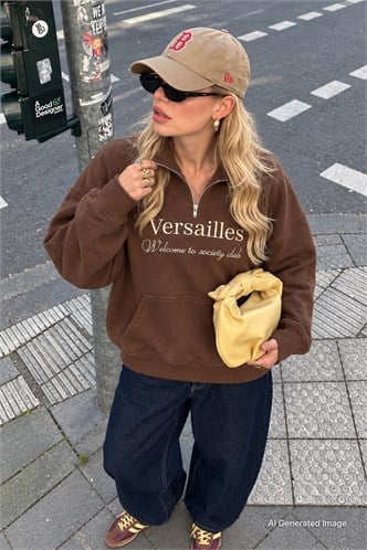 Kahverengi Yarım Fermuarlı Baskılı Sweatshirt MG2240