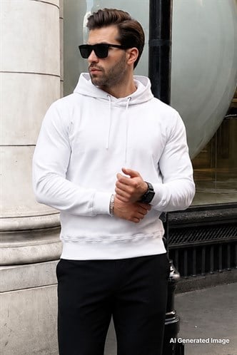 Beyaz Kapüşonlu Erkek Sweatshirt 7069
