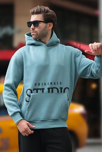 Mavi Kapüşonlu Baskılı Cep Detaylı Sweatshirt E7076
