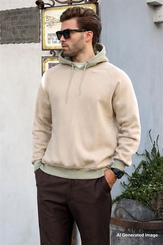 Bej Renk Bloklu Kapüşonlu Sweatshirt 7073
