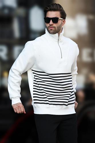Ekru Fermuar Yakalı Çizgili Sweatshirt 7056