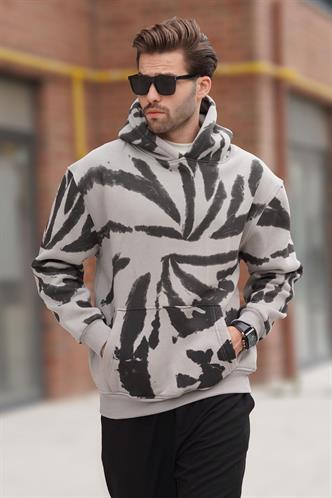 Boyalı Gri Kapüşonlu Cep Detaylı Baskılı Erkek Sweatshirt 7087