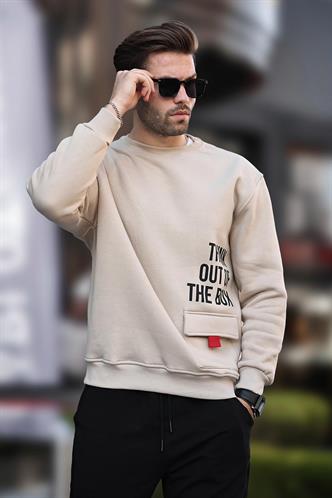 Bej Bisiklet Yaka Şardonlu Cep Detaylı Baskılı Erkek Sweatshirt 7061