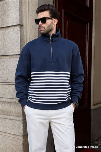 Lacivert Fermuar Yakalı Çizgili Sweatshirt 7056