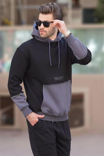 Siyah Kapüşonlu Baskılı Cep Detaylı Erkek Sweatshirt 7083