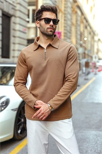 Vizon Yarım Fermuarlı Polo Yaka Dokulu Erkek Sweatshırt E7197