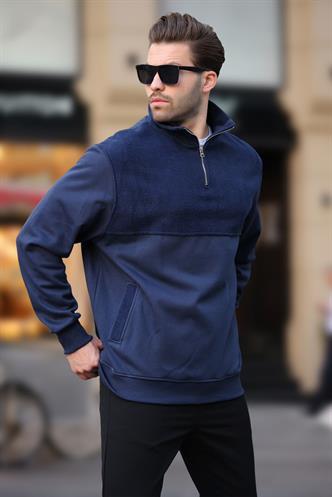 Lacivert Dik Yaka Yarım Fermuarlı Polar Sweatshirt 7096