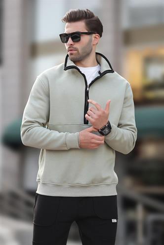 Çağla Yeşili Dik Yaka Yarım Fermuarlı Sweatshirt 7079