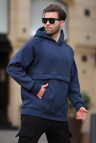 Lacivert Kapüşonlu Cep Detaylı Erkek Sweatshirt 7092