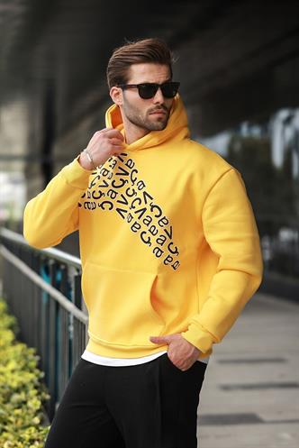 Sarı Baskılı Kapüşonlu Erkek Sweatshirt E7160