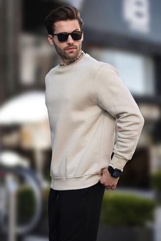 Bej Bisiklet Yaka Şardonlu Erkek Sweatshirt 7047