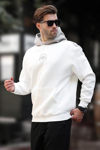 Ekru Kapüşonlu Renk Bloklu Nakış Detaylı Erkek Sweatshirt 7088
