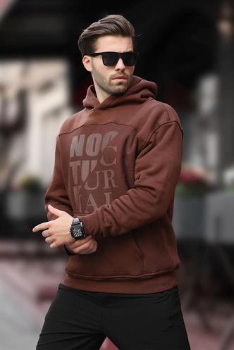 Acı Kahverengi Baskılı Kapüşonlu Cep Detaylı Erkek Sweatshirt 7062