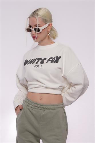 Ekru Bisiklet Yaka Baskılı Sweatshirt MG1904
