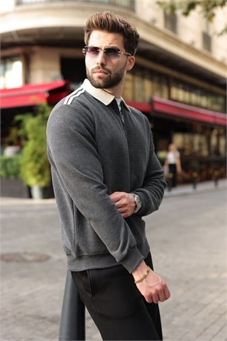 Antrasit Şerit Detaylı Polo Yaka Erkek Sweatshirt E7212  