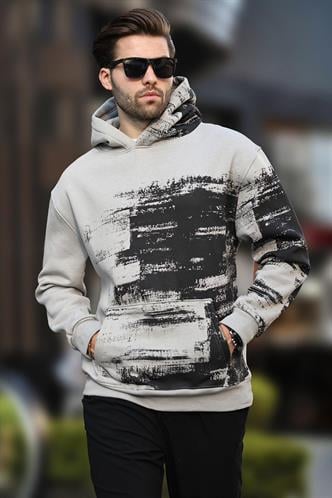 Boyalı Gri Kapüşonlu Desenli Cep Detaylı Erkek Sweatshirt 7059