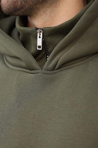 Haki Kapüşonlu Fermuar Yaka Desenli Erkek Sweatshirt E7162