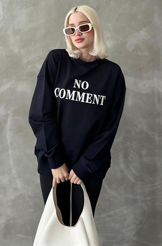 Lacivert Bisiklet Yaka Baskılı Oversize Kadın Sweatshirt MG1902