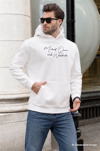 Ekru Kapüşonlu Cep Detaylı Baskılı Erkek Sweatshirt 7064