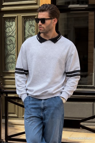 Karmelanj Polo Yaka Oversize Kolu Şeritli Erkek Sweatshirt 7048