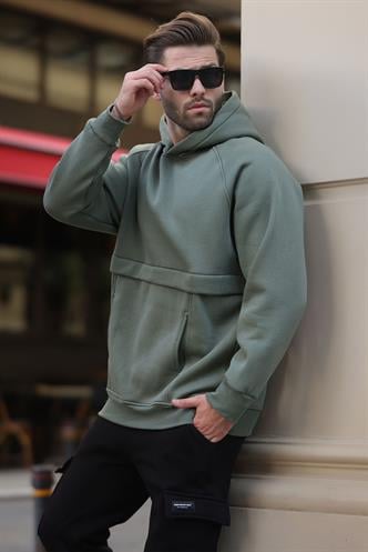 Haki Kapüşonlu Cep Detaylı Erkek Sweatshirt 7092
