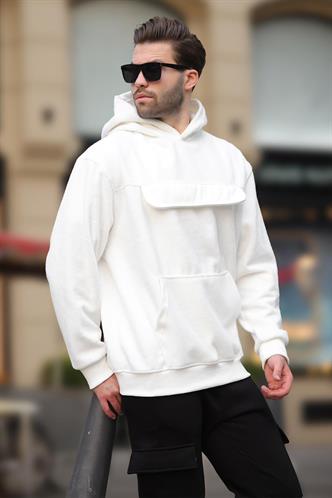 Ekru Kapüşonlu Kapaklı Cep Detaylı Polar Erkek Sweatshirt 7097