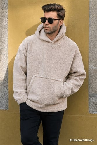 Bej Oversize Peluş Erkek Sweatshirt 6160