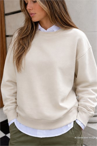 Bej Bisiklet Yaka Basic Sweatshirt MG2185