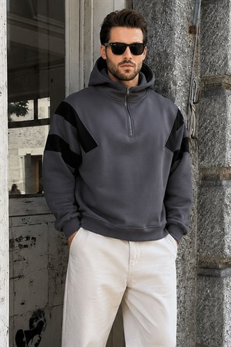 Füme Fermuarlı Yaka Kapüşonlu Erkek Sweatshirt E7161