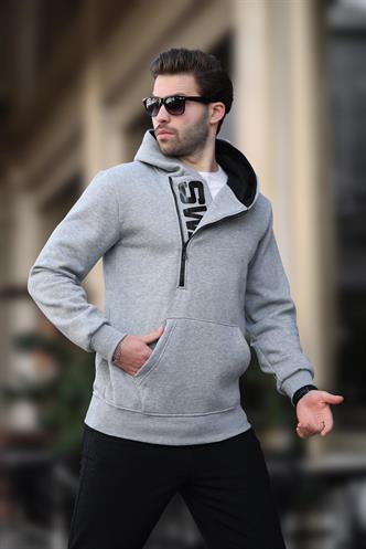 Madmext Gri Fermuar Detaylı Kapüşonlu Sweatshirt 1767