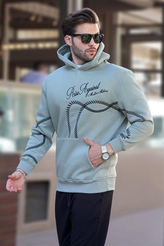 Çağla Yeşil Baskılı Kapşonlu Cep Detaylı Erkek Sweatshirt 7067