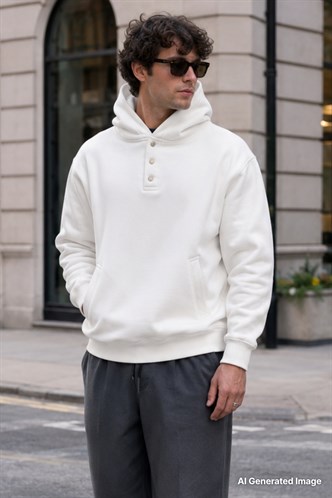 Ekru Kapüşonlu Düğme Detaylı Sweatshirt 6150