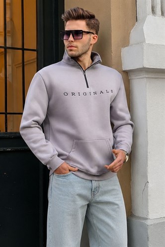 Gray Embroided Zip Neck Sweatshirt 6028