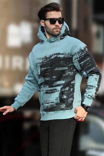 Mavi Kapüşonlu Desenli Cep Detaylı Erkek Sweatshirt 7059