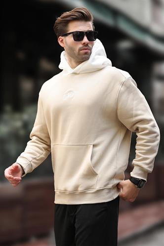 Bej Kapüşonlu Renk Bloklu Nakış Detaylı Erkek Sweatshirt 7088