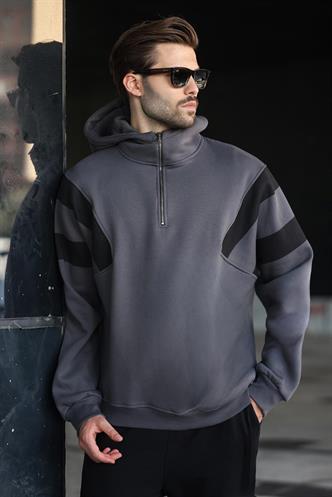 Füme Fermuarlı Yaka Kapüşonlu Erkek Sweatshirt E7161