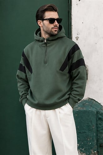 Haki Fermuarlı Yaka Kapüşonlu Erkek Sweatshirt E7161
