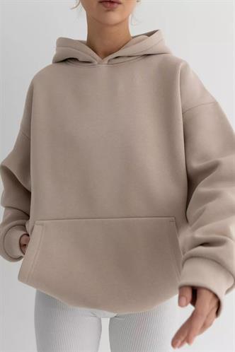 Bej Kapüşonlu Şardonlu Oversize Cepli Sweatshirt MG2206
