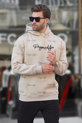 Bej Baskılı Kapşonlu Cep Detaylı Erkek Sweatshirt 7075