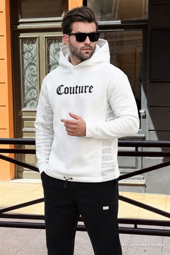 Ekru Kapüşonlu Cep Detaylı Baskılı Erkek Sweatshirt 7090