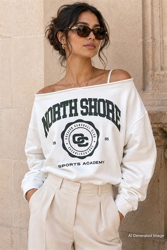 Beyaz Kayık Yaka Baskılı Kadın Sweatshirt MG2205