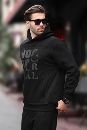 Siyah Baskılı Kapüşonlu Cep Detaylı Erkek Sweatshirt 7062