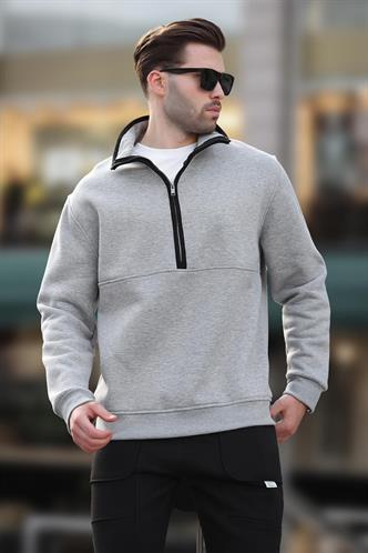 Gri Dik Yaka Yarım Fermuarlı Sweatshirt 7079