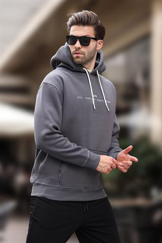 Füme Kapüşonlu Nakış Detaylı Cepli Erkek Sweatshirt 7066