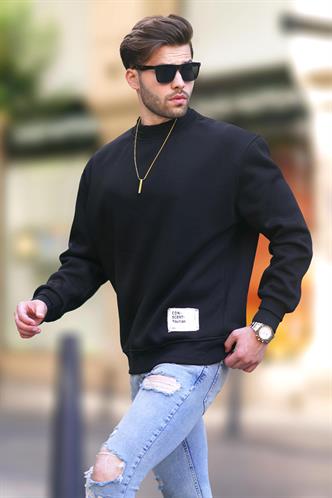 Siyah Bisiklet Yaka Oversize Şardonlu Arma Detaylı Erkek Sweatshirt 7043