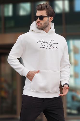 Ekru Kapüşonlu Cep Detaylı Baskılı Erkek Sweatshirt 7064