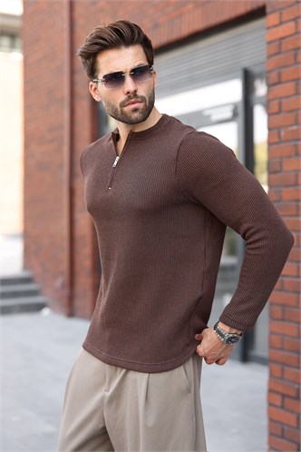 Kahverengi Bisiklet Yaka Fermuar Detaylı Erkek Triko Sweatshirt E7209